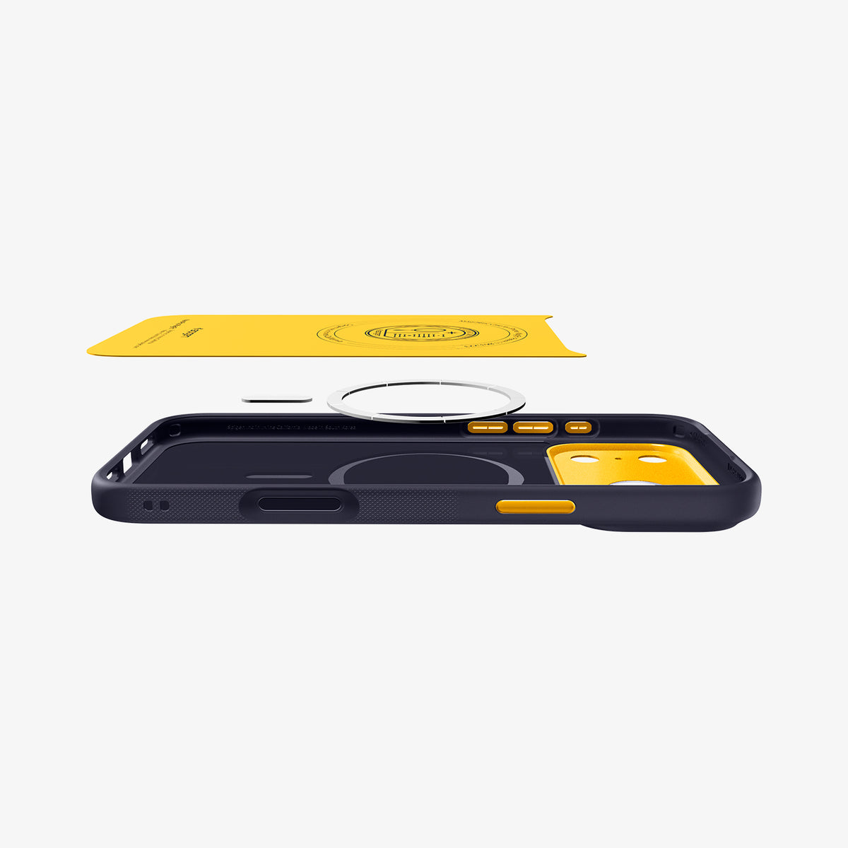 ACS09966 - iPhone 18 Pro / iPhone 17 Pro Nano Pop (Mag Fit) in Blueberry Navy showing an exploded interior view highlighting the integrated magnetic ring, buttons, and layered construction
