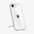 ACS09160 - iPhone 16e Case Ultra Hybrid in Crystal Clear showing the back and partial side with keyholder string attached