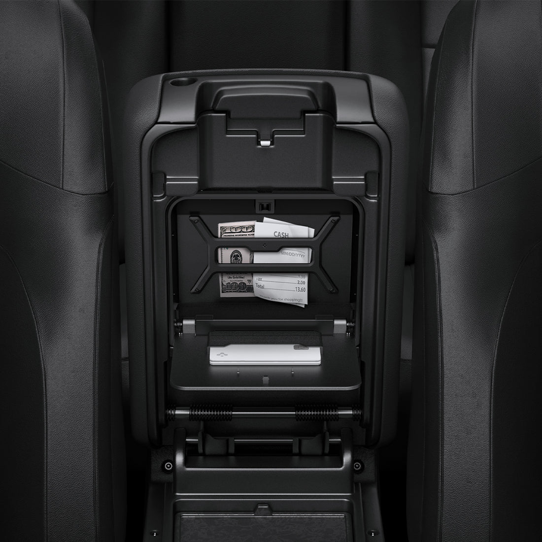 ACP09216 - Jeep Series -  Center Console Hidden Storage Box | JO221 showing inside with cash storage.
