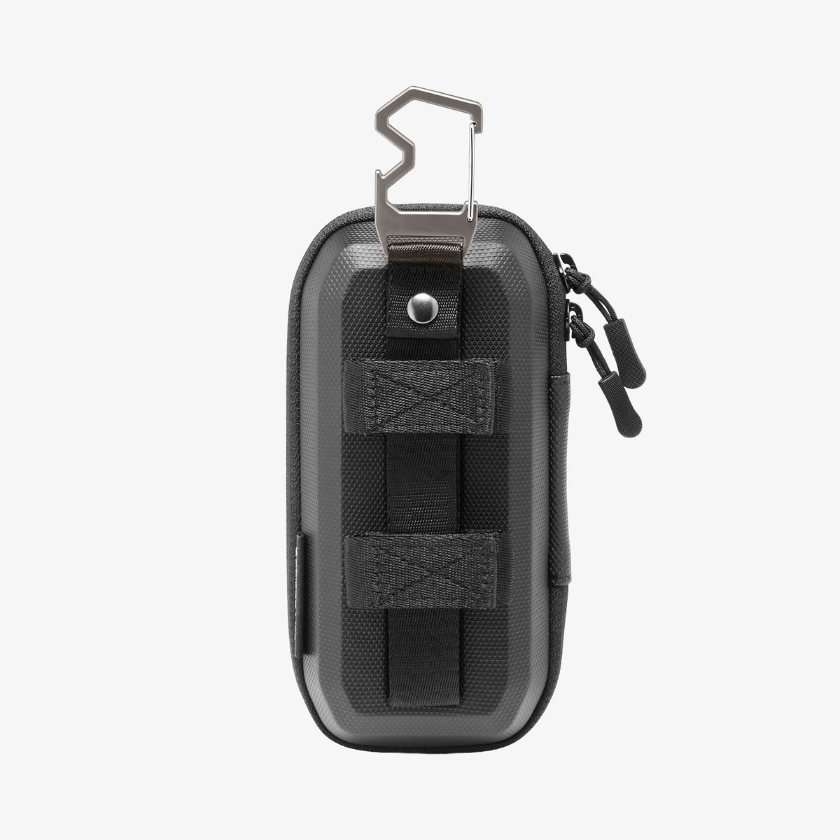 ACS09444 - [LF520] Universal Sunglass Case in Black showing the rear side with a secure strap loop system, snap-button attachment, and integrated metal carabiner for versatile carry options.