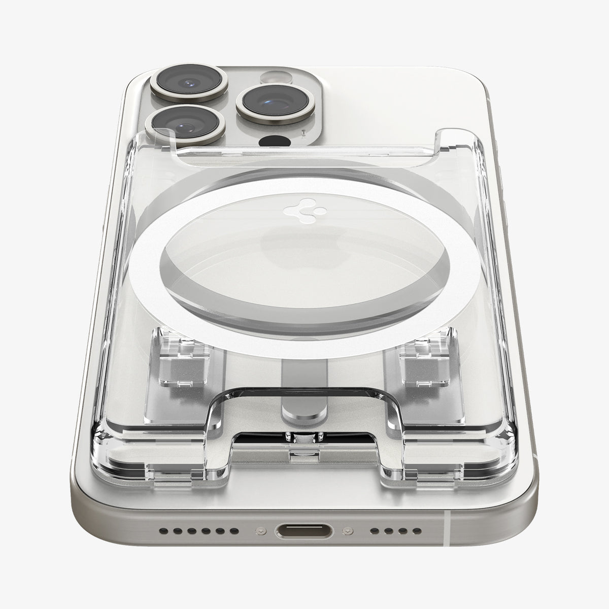 AFA08888 - Ultra Hybrid MagFit+ Wallet (MagFit) in Crystal Clear showing the front, partial bottom of the wallet case attached to the back of the device