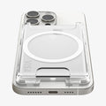 AFA08888 - Ultra Hybrid MagFit+ Wallet (MagFit) in Crystal Clear showing the front, partial bottom of the wallet case attached to the back of the device with card inserted