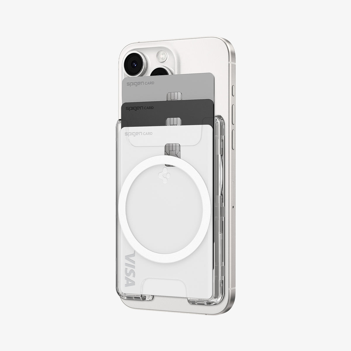 AFA08888 - Ultra Hybrid MagFit+ Wallet (MagFit) in Crystal Clear showing the front of the wallet case, partial side of the device with 3 cards inserted