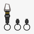 AHP06847 - Carabiner (Magnetic Keychain) Holder Hub in Black showing the front of the keychain holder and 2 detached quick-release locking mechanism attached to a circular black keyring 