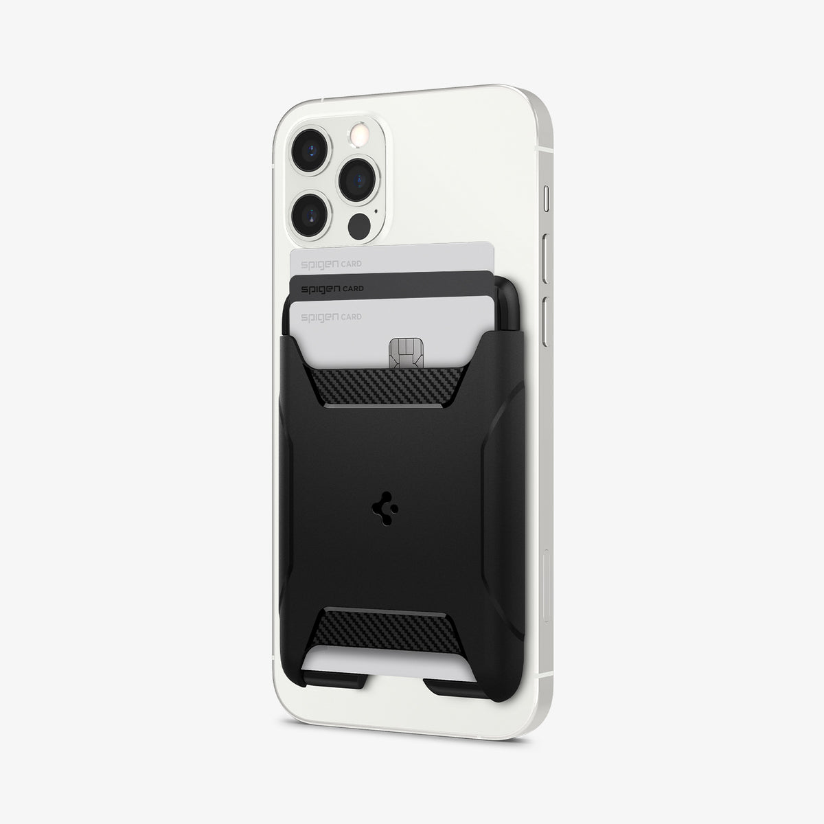 AFA07150 - MagSafe 3 Card Holder Rugged Armor (MagFit) in Black showing the front and partial side of a card holder with 3 cards inserted and attached to the back of a device
