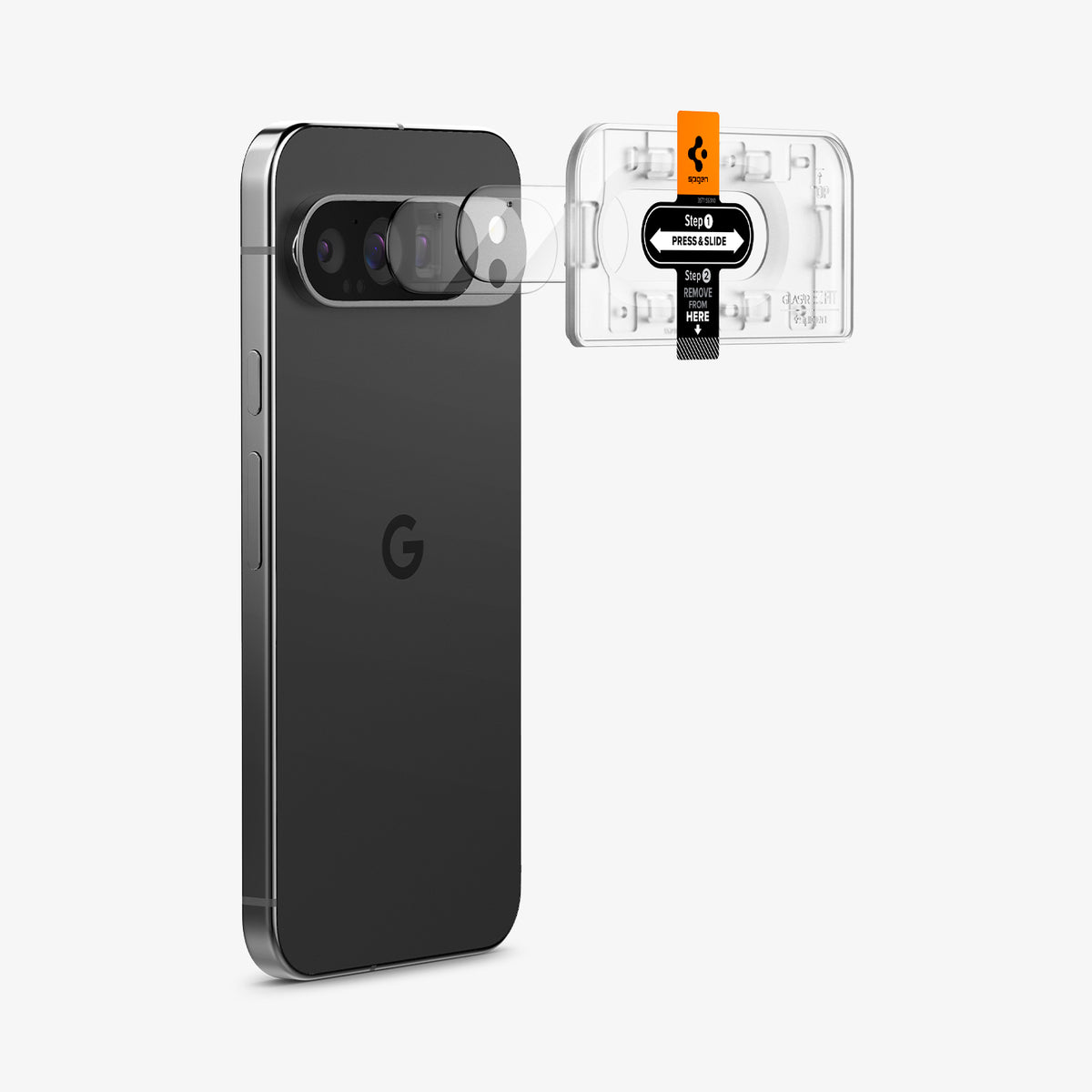 AGL08444 - Pixel 9 Pro Case Optik EZ Fit Lens Protector in Crystal Clear showing the installation tray attached to the device