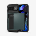 ACS07696 - Pixel 9 Pro Case Slim Armor CS in Abyss Green showing the back, card slider open, and behind it, a device showing partial front and sides