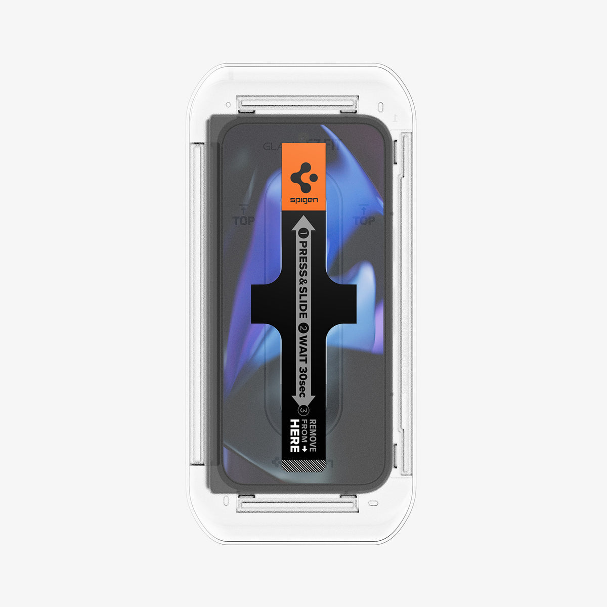 AGL09106 - Pixel 9 Pro Fold GLAS.tR EZ Fit in Clear showing the installation tray attached to a device 