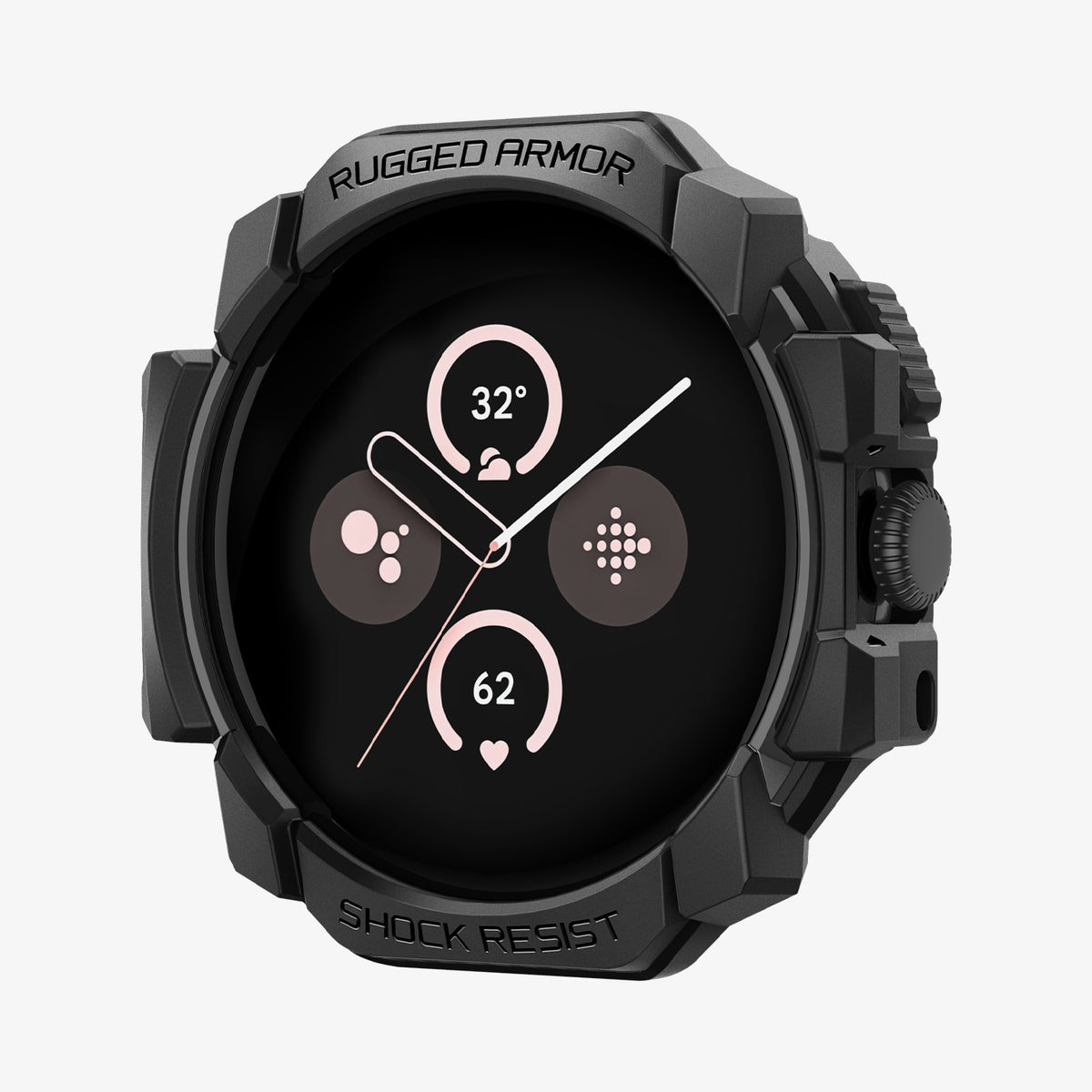 ACS07555 - Pixel Watch 3 (41mm) Rugged Armor in Matte Black showing the front of pixel watch head with the case on