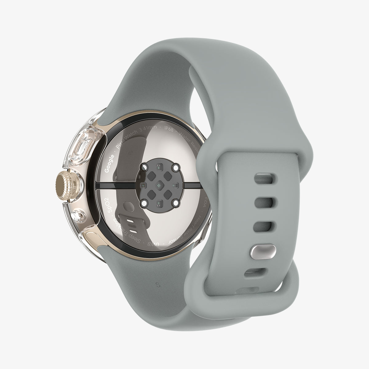 ACS07391 - Pixel Watch 2 Case Thin Fit in Crystal Clear showing the back, partial side installed on a watch