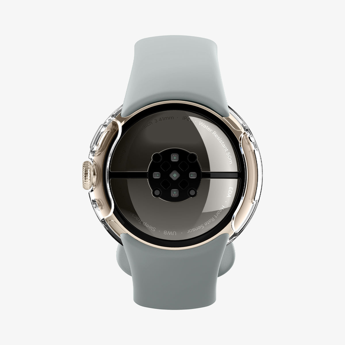 ACS07391 - Pixel Watch 2 Case Thin Fit in Crystal Clear showing the back of the watch face and inner sides of the band