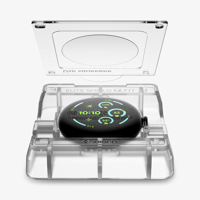 AFL08525 - Pixel Watch 3 (45mm) EliteShield EZ Fit in Clear showing the top of installation tray hovering in front of the face watch attached to another installation tray