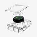 AFL08525 - Pixel Watch 3 (45mm) EliteShield EZ Fit in Clear showing the installation tray hovering above the screen protector and the face watch and bottom of installation tray, beside it, is the packaging