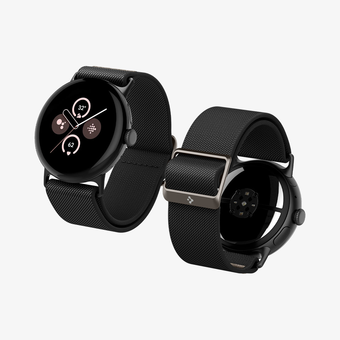 AMP07601 - Pixel Watch 4 (45mm) Lite Fit Watch Band in black showing the front, back and sides
