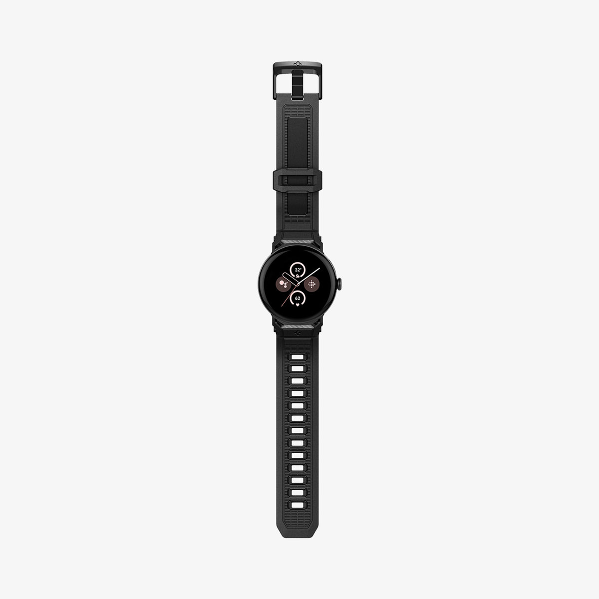 AMP07600 - Pixel Watch 4 (45mm) Series Rugged Band in black showing the front with watch band laid out flat