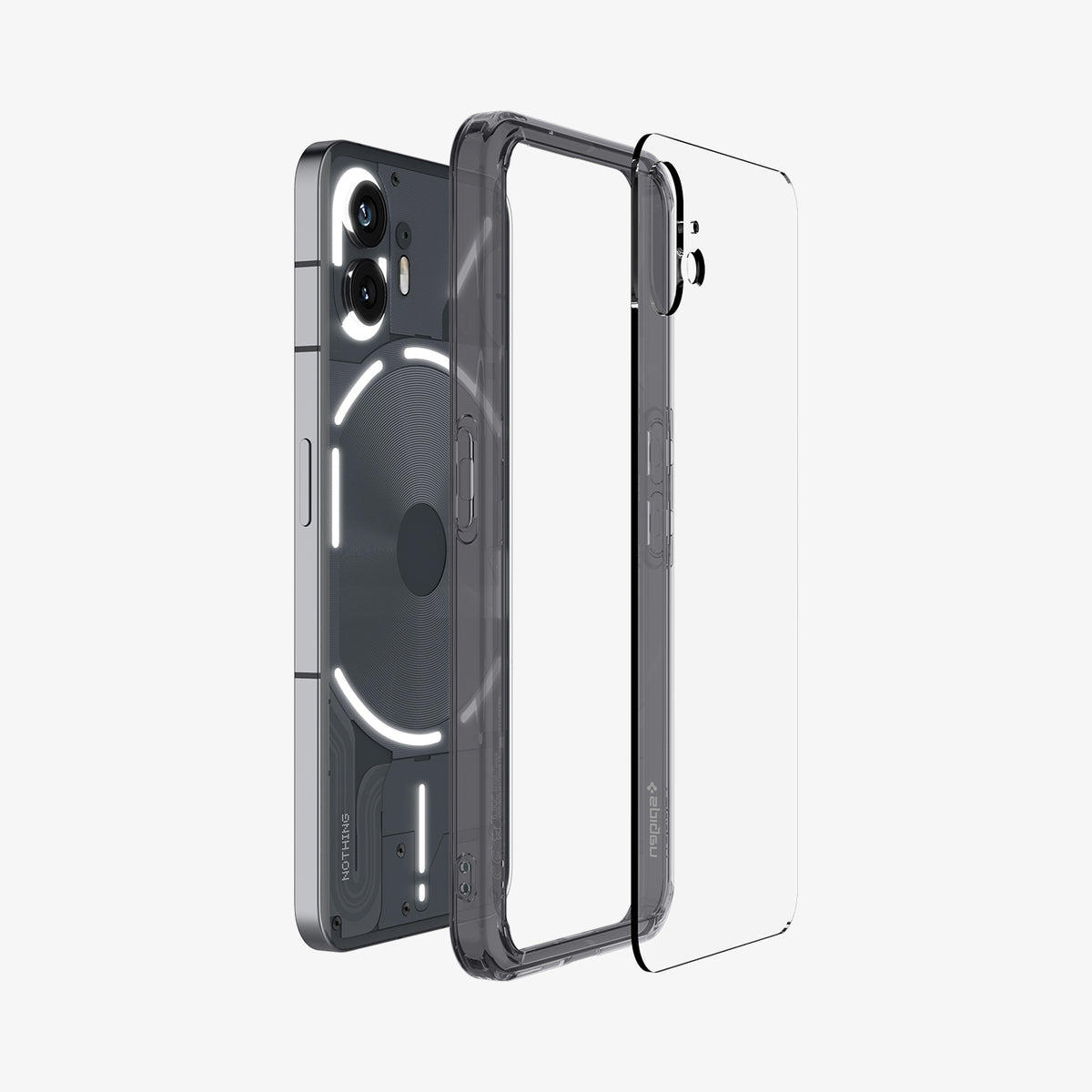 ACS06542 - Nothing Phone 2 Case Ultra Hybrid showing the multiple layers of case hovering behind the device