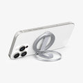 AMP10193 - O-Mag Magnetic Phone Holder (MagFit) | OM103 in Silver showing the front, attached to the device propped up as a kickstand in landscape position