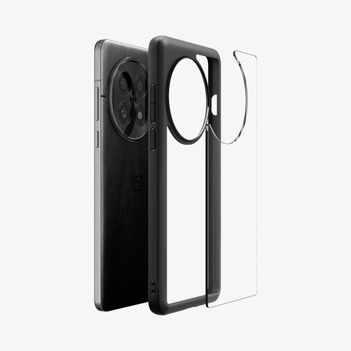 ACS09067 - OnePlus 13 Case Ultra Hybrid in Matte Black showing the backing detached front the phone case frame lining in front of the device 