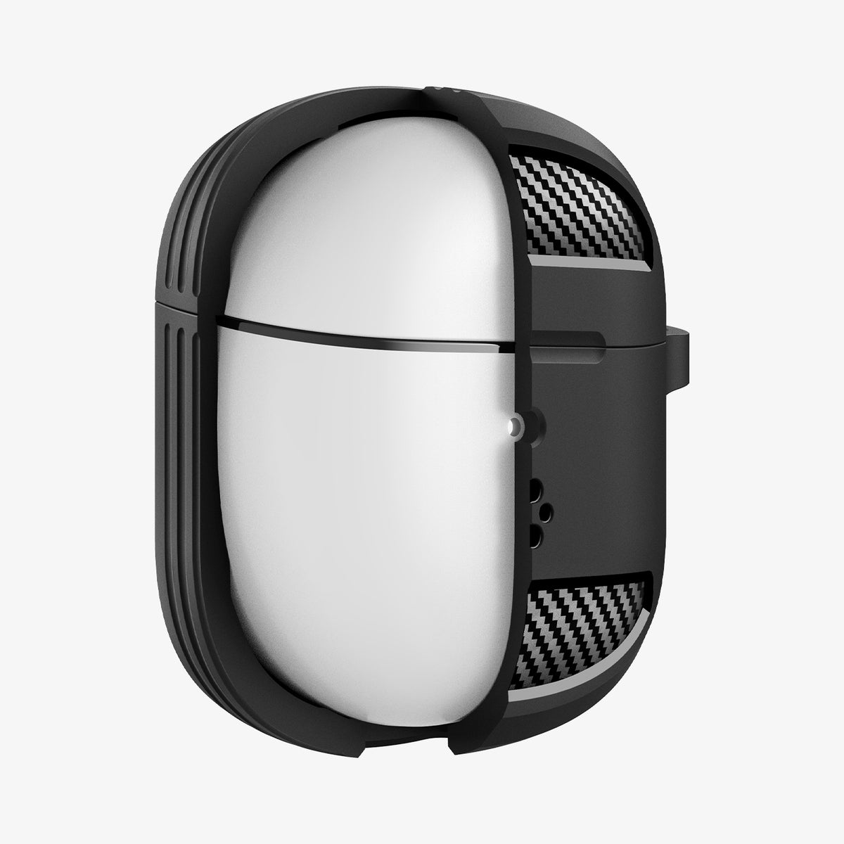 ACS09480 - Pixel Buds 2a Case Rugged Armor in black showing the front with case cut half open to show inside