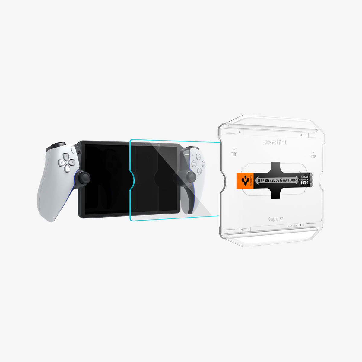 AGL07183 - Playstation Series GLAS.tR EZ Fit showing the installation tray hovering the glass protector and device