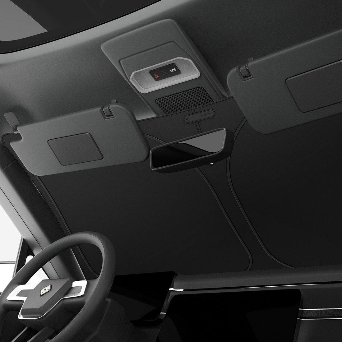 ACP09093 - R1S (2022-2025) Rivian CryoShade RO260 in Black showing the front of the vehicle installed with the sun protector