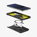 ACS08625 - Galaxy S24 FE Case Tough Armor (MagFit) in Black showing the device hovering above the impact foam detached from magfit ring, frame and outer hard layer case