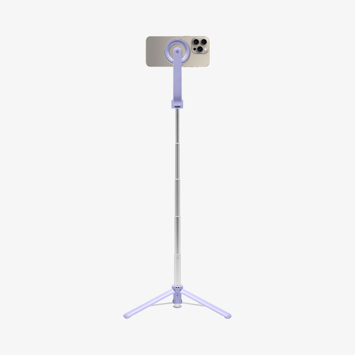 AMP07658 - Tripod Selfie Stick (Mag Fit) | S571W in Lavender showing the front of the device, attached to a selfie stick, extended with a stand