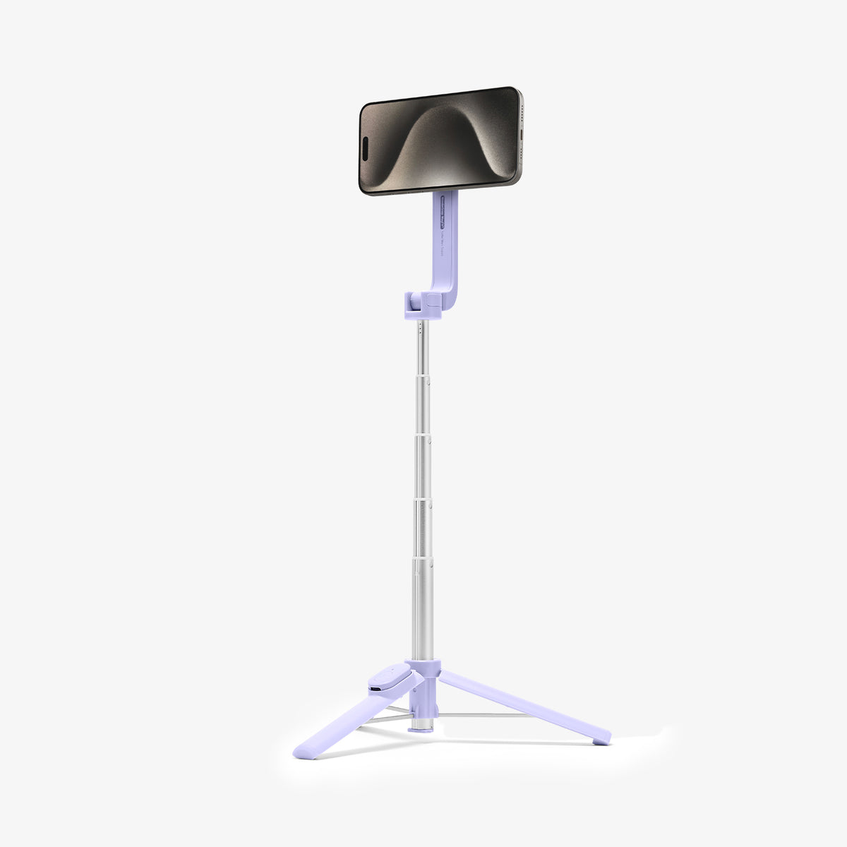 AMP07658 - Tripod Selfie Stick (Mag Fit) | S571W in Lavender showing the front of the device attached to the tripod selfie stick extended with a stand