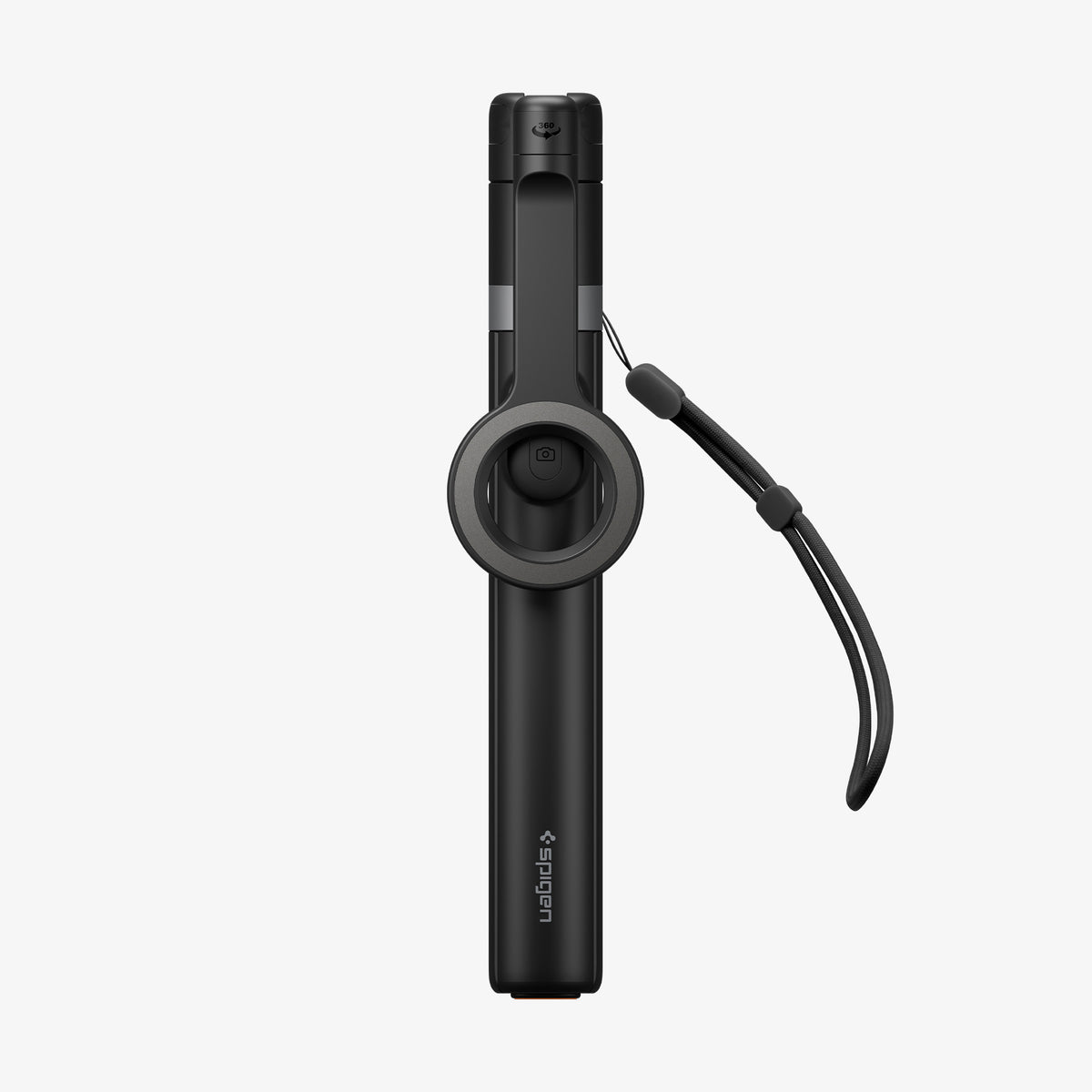 AMP11372 - Selfie Stick | S582W in Black showing a folded compact design with integrated magnetic mount and wrist strap for easy portability.
