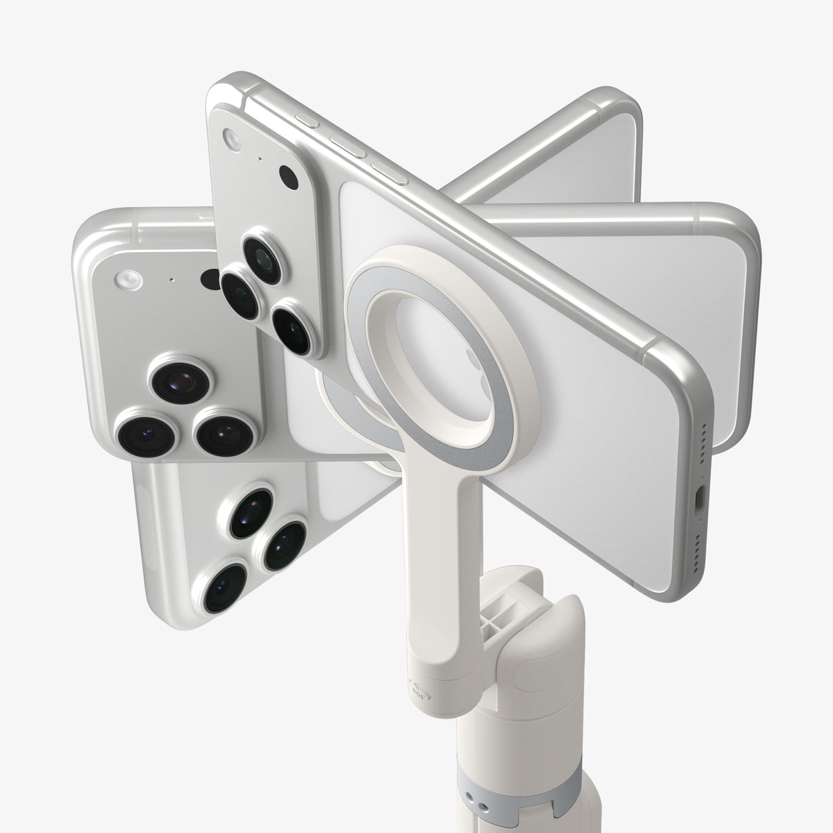 AMP11373 - Selfie Stick | S582W in Dune Beige showing a magnetic phone mount holding multiple smartphones in a radial arrangement to highlight compatibility and secure attachment.