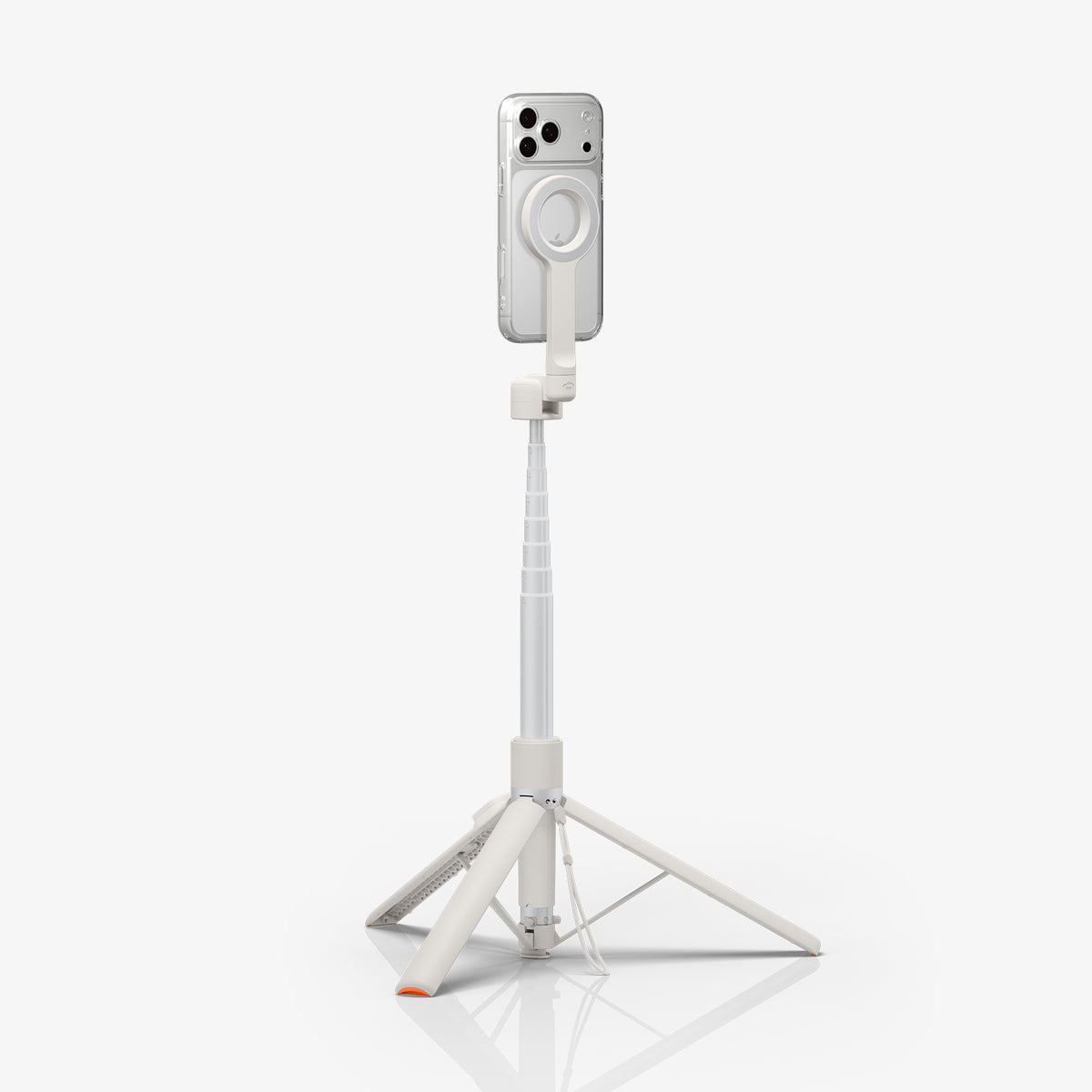 AMP11373 - Selfie Stick | S582W in Dune Beige showing a smartphone mounted on a magnetic holder with a fully extended telescopic pole and deployed tripod stand for hands-free use.
