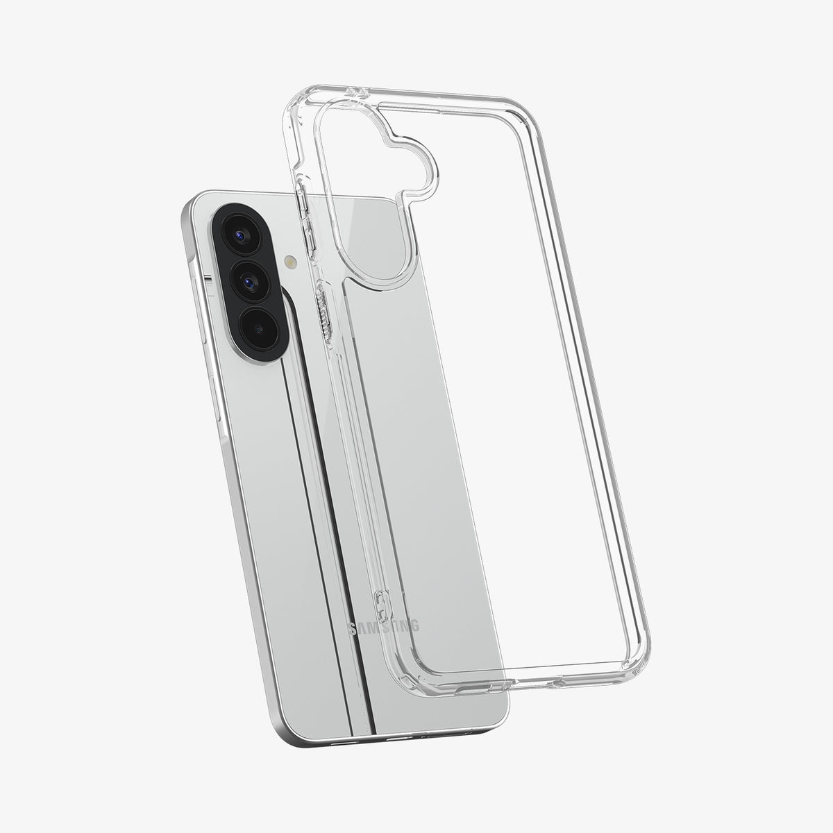 ACS11123 - Spigen Ultra Hybrid Galaxy A57 5G case in Crystal Clear lifting away from phone, showing transparent hard back panel