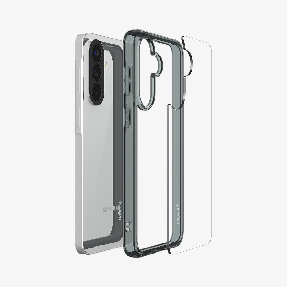 ACS11124 - Spigen Ultra Hybrid Galaxy A57 5G case in Space Crystal - exploded view showing dark tinted TPU bumper and hard PC back panel