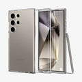 ACS07283 - Galaxy S24 Ultra Case Liquid Crystal in Crystal Clear showing the back, in between, is a clear tpu back case and a device facing front with stylus pen leaning on the side of a device