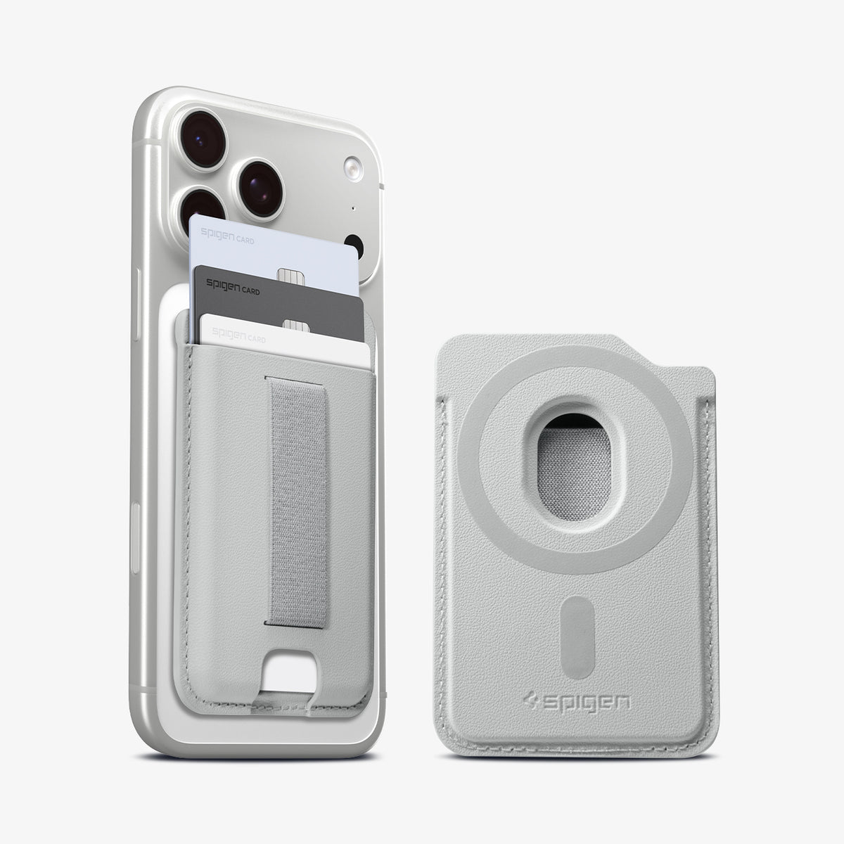 AFA10803 - MagSafe SleekBand Card Holder | 3 Cards (MagFit) in Urban Gray  showing back and attach on the phone