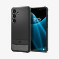 ACS07346 - Galaxy S24 Case Rugged Armor in Matte Black showing the back, partial sides with case behind, a device showing front and partial sides