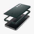 ACS07342 - Galaxy S24 Case Thin Fit in Abyss Green showing the back hard layer hovering above the detached frame and the device