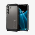 ACS07356 - Galaxy S24 Case Tough Armor in Gunmetal showing the back, partial side, next to it, a device showing front and partial side