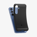 ACS08998 - Galaxy S25 Case Rugged Armor (MagFit) in Matte Black showing the back, partial side and bottom partially hovering in front of the device