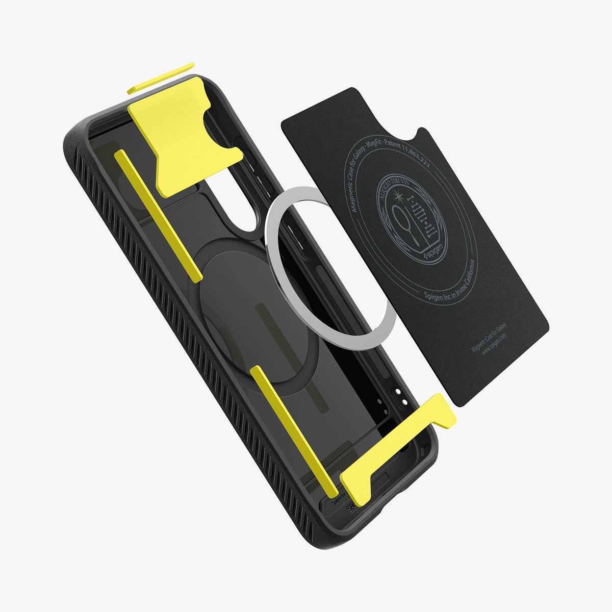 ACS08998 - Galaxy S25 Case Rugged Armor (MagFit) in Matte Black showing the inner layer detached hovering above the detached magring and the case