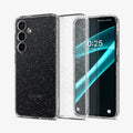 ACS07325 - Galaxy S24 Plus Case Liquid Crystal Glitter in Crystal Quartz showing the back paralleled with a case in the middle and a device facing front