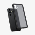 ACS07331 - Galaxy S24 Plus Case Ultra Hybrid in Frost Black showing the back of a semi transparent case with a darker frame hovering above the device