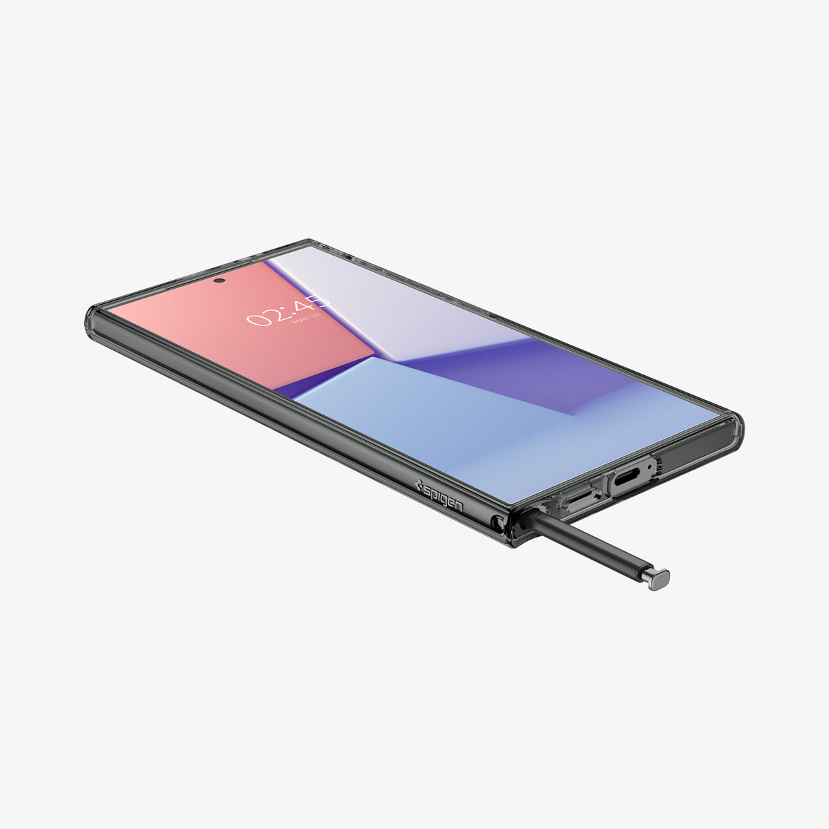 ACS07284 - Galaxy S24 Ultra Case Liquid Crystal in Space Crystal showing the front of device, on a flat surface with stylus pen sticking out