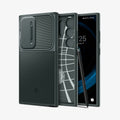 ACS07314 - Galaxy S24 Ultra Case Optik Armor in Abyss Green showing the back paralleled with inner case in the middle with stylus pen leaning on the side and a device facing front 