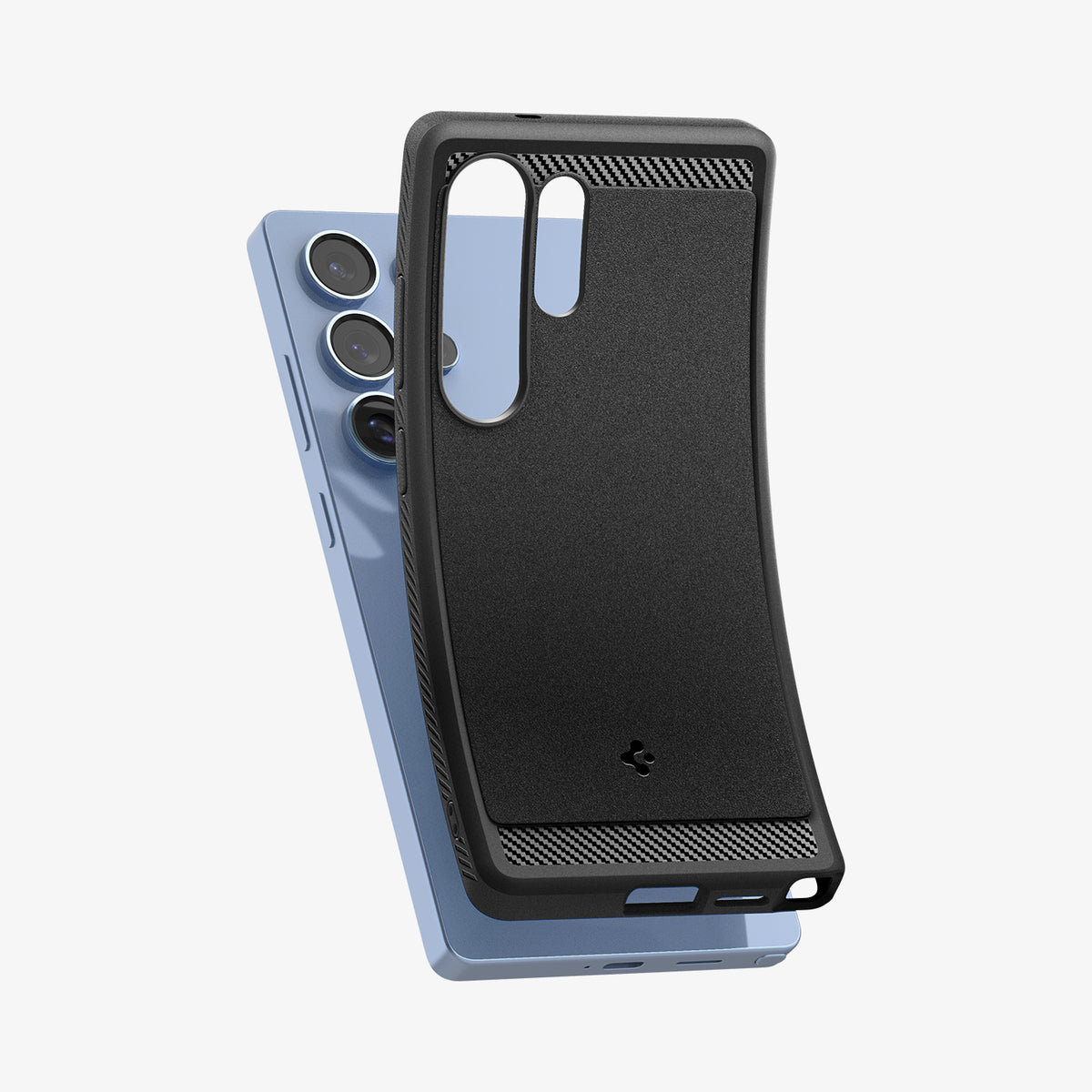 ACS08951 - Galaxy S25 Ultra Case Rugged Armor (MagFit) in Matte Black showing the back, partial side and bottom partially hovering in front of the device