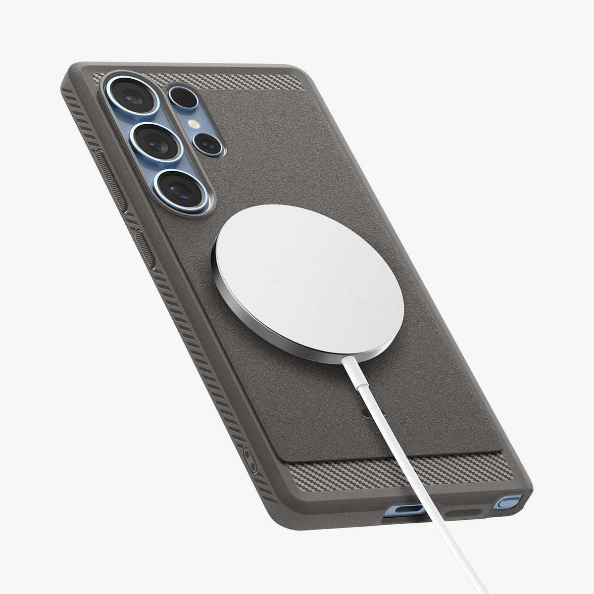 ACS08952 - Galaxy S25 Ultra Case Rugged Armor (MagFit) in Marble Gray showing the back, partial side and bottom with magsafe charger attached