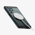 ACS08966 - Galaxy S25 Ultra Case Tough Armor AI (MagFit) in Abyss Green showing the back, partial side and bottom with magsafe charger attached