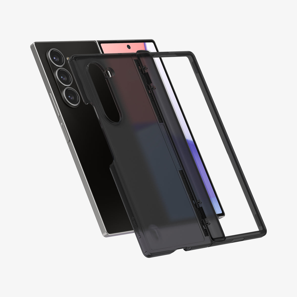 ACS07814 - Galaxy Z Fold 6 Case Ultra Hybrid Pro in Frost Gray showing the back, hinge and front of a transparent case hovering in front of the device