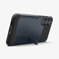 ACS11642 - Galaxy S25 FE Slim Armor (MagFit) in Metal Slate showing the back, bottom and partial side with a built-in kickstand propped up