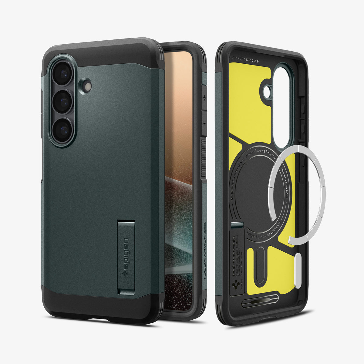 ACS11053 - Galaxy S26 Plus Case Tough Armor (Mag Fit) Abyss Green showing the back with the device, partial back case only, partial front and sides with magfit